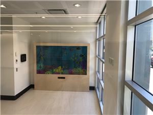 A children's room with a large interactive underwater wall and a window