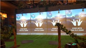 A dinosaur Fly Zone game wall on grass with four player stations