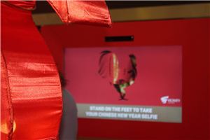 A rooster on a red interactive screen telling visitors to stand on the feet for a selfie